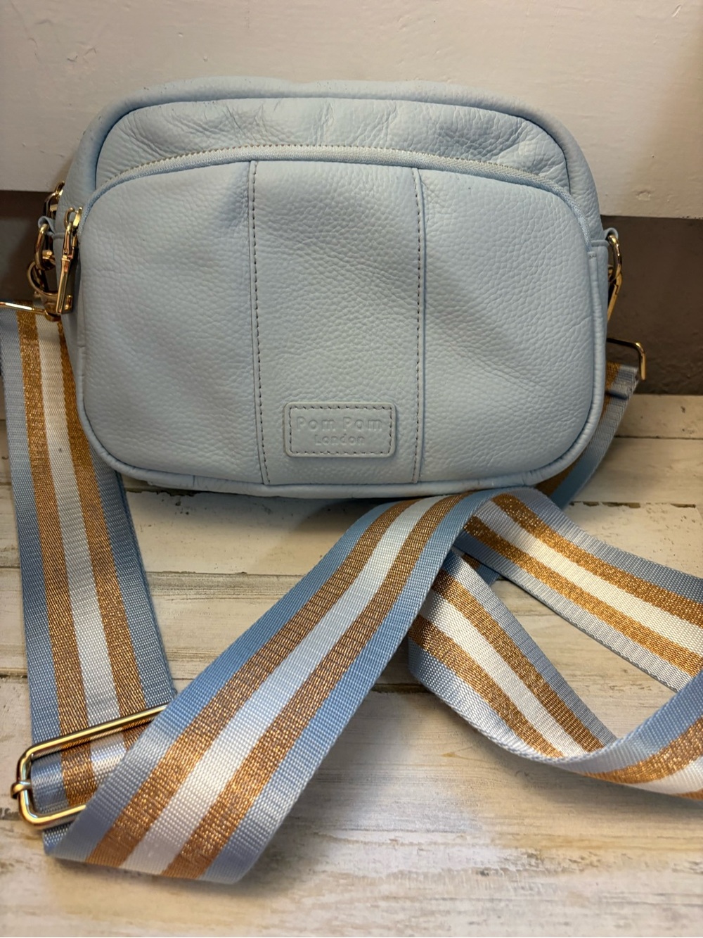 Pom Pom London Pale Blue Leather Crossbody with Striped Strap